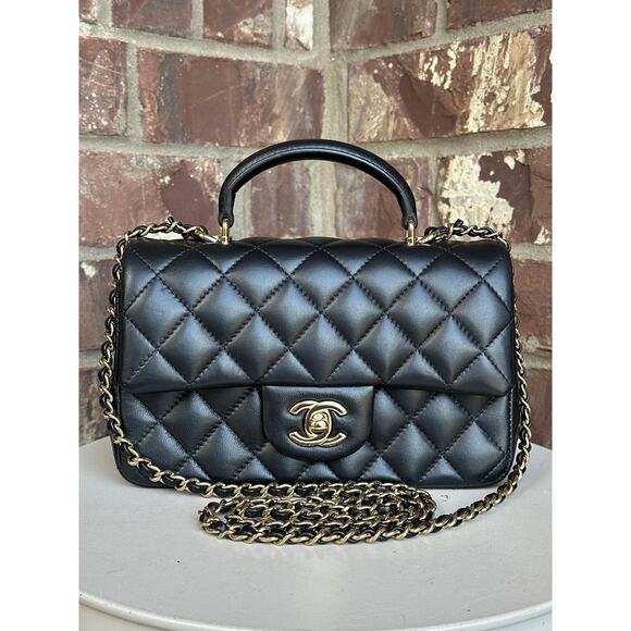 CHANEL Handbags - Chanel Classic Single Flap Top Handle Bag Quilted Lambskin Mini 51134